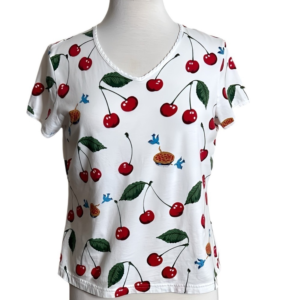 Nick & Nora Cherry Print Rockabilly Baby Tee Retro Y2K Cotton Novelty Top Sz M